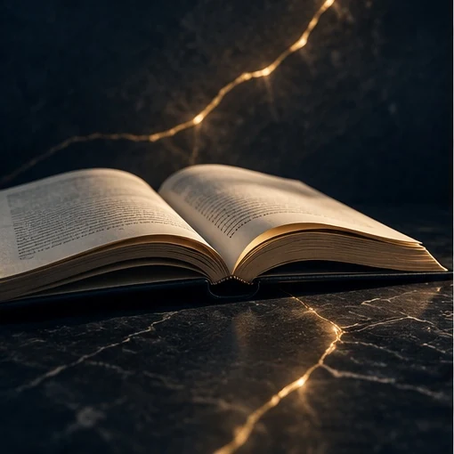 Open book with a gold fault-line visual