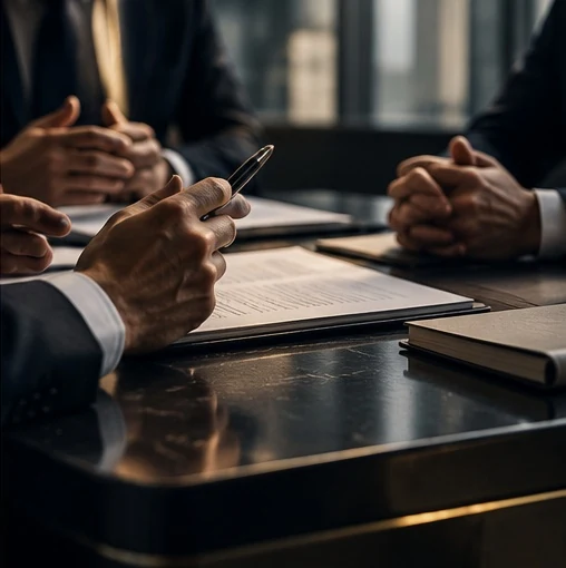 Senior professionals in discussion around a boardroom table