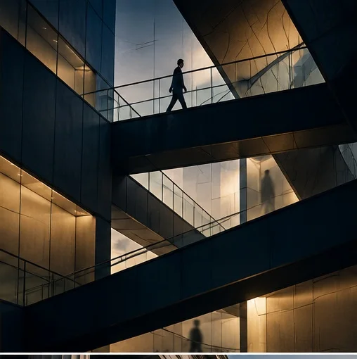 Person walking through a modern institutional structure