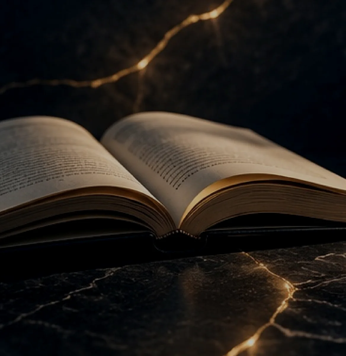 Open book illuminated by a gold fault-line motif