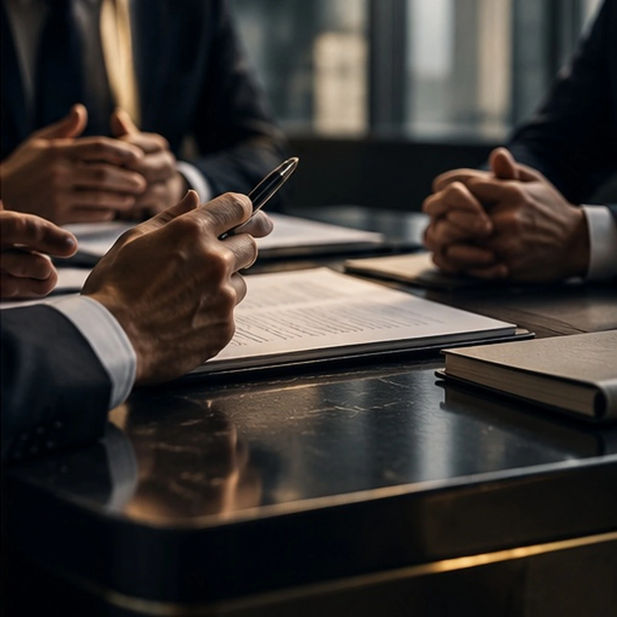 Senior professionals reviewing documents around a table