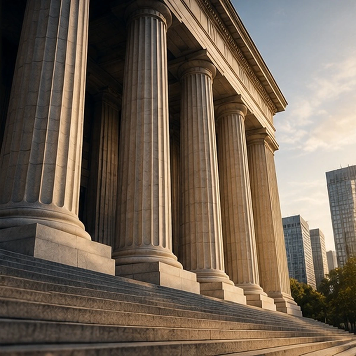 Classical institutional columns representing courts and regulatory systems